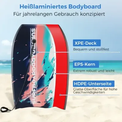 104 cm, ľahký bodyboard, jadro z EPS, vrchná vrstva z XPE, spodná vrstva z HDPE, šnúrka na zápästie, na pláž, more, bazén