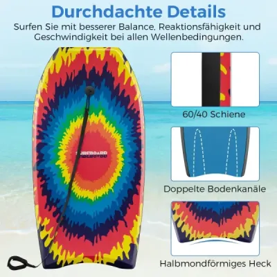 Bodyboard 104 cm, ľahký, jadro z EPS, vrchná vrstva z XPE, spodná vrstva z HDPE, polmesiacovitá zadná časť, šnúrka na zápästie, na pláž, more, bazén