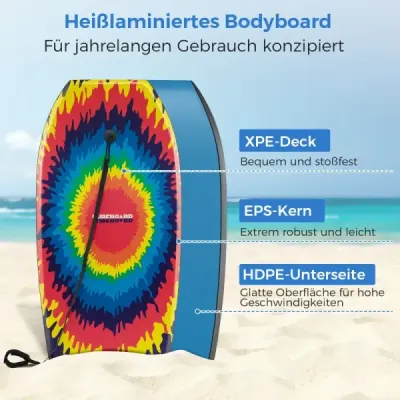 Bodyboard 104 cm, ľahký, jadro z EPS, vrchná vrstva z XPE, spodná vrstva z HDPE, polmesiacovitá zadná časť, šnúrka na zápästie, na pláž, more, bazén