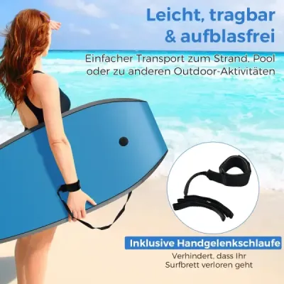 94 cm, ľahký bodyboard, jadro z EPS, vrchná vrstva z XPE, spodná vrstva z HDPE, polmesiačiková zadná časť, šnúrka na zápästie, na pláž, more, bazén