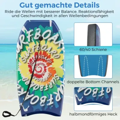Bodyboard 104 cm, jadro z EPS, vrchná vrstva z XPE, spodná vrstva z HDPE, šnúra, na pláž, do bazéna a do mora