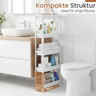 5-policový úzky kuchynský vozík na kolieskach s úchytmi, regál do kúpeľňovej výklenky, biely