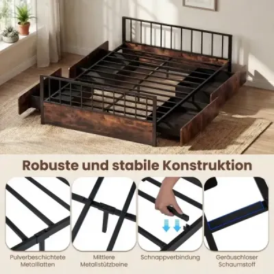 140 x 200 cm Rám postele s 2 zásuvkami, čelom a nožnou časťou Priemyselná dvojposteľ s roštom