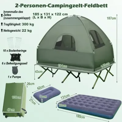 5 v 1 kempingový stan, poľná posteľ pre 2 osoby, nafukovacia matrac, vankúš, spací vak, prenosný, zelený