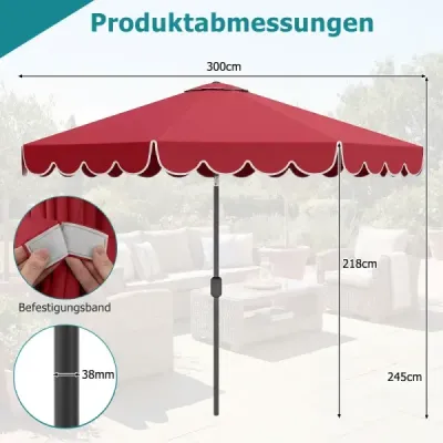 Slnečník Ø300 cm s kľukou a volánom, záhradný slnečník, sklopný na oboch stranách o 30°, červený
