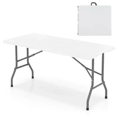 Skladací kempingový stôl s doskou z HDPE a držadlom na prenášanie – záhradný stôl, skladací stôl, 152 x 70 cm, biely