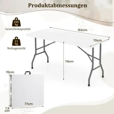 Skladací kempingový stôl s doskou z HDPE a držadlom na prenášanie – záhradný stôl, skladací stôl, 152 x 70 cm, biely