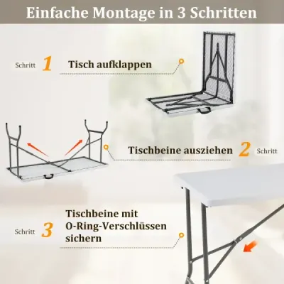 Skladací kempingový stôl s doskou z HDPE a držadlom na prenášanie – záhradný stôl, skladací stôl, 152 x 70 cm, biely