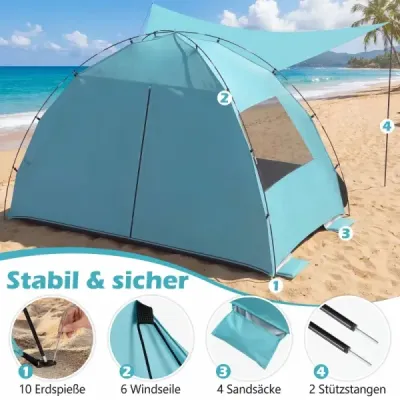 Plážový prístrešok pre 5–6 osôb, ochrana pred slnkom a vetrom, sieťové okná, taška na prenášanie, pláž, kemping, modrá