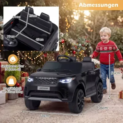 12 V detské elektrické autíčko Land Rover s odpružením, LED osvetlením a hudbou, bezdrôtové, pre deti od 3 rokov, čierne