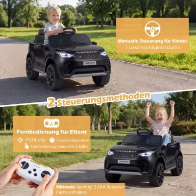 12 V detské elektrické autíčko Land Rover s odpružením, LED osvetlením a hudbou, bezdrôtové, pre deti od 3 rokov, čierne