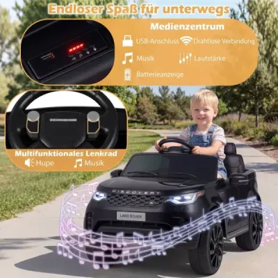 12 V detské elektrické autíčko Land Rover s odpružením, LED osvetlením a hudbou, bezdrôtové, pre deti od 3 rokov, čierne