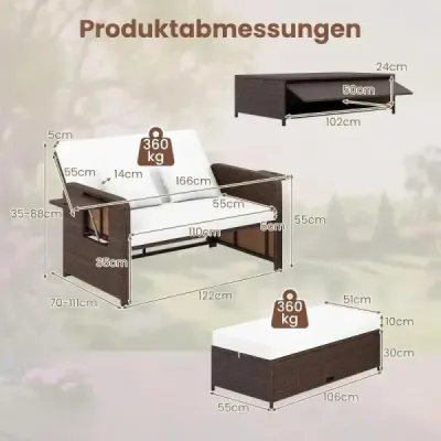 Polyrattanové ležadlo 2-miestne balkónové nábytok a taburetka s úložným priestorom 4-násobne nastaviteľným operadlom Biela