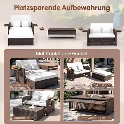 Polyrattanové ležadlo 2-miestne balkónové nábytok a taburetka s úložným priestorom 4-násobne nastaviteľným operadlom Biela