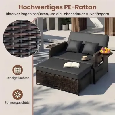 3 v 1 Polyrattan ležadlo s nastaviteľným operadlom a bočnými odkladacími plochami Záhradné ležadlo Čierne
