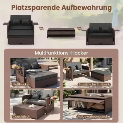3 v 1 Polyrattan ležadlo s nastaviteľným operadlom a bočnými odkladacími plochami Záhradné ležadlo Čierne