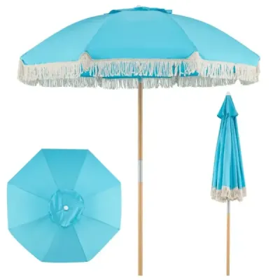Slnečník Boho, sklopný o 30° na oboch stranách, 170 cm, záhradný slnečník s volánikmi, balkónový slnečník, modrý