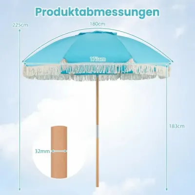 Slnečník Boho, sklopný o 30° na oboch stranách, 170 cm, záhradný slnečník s volánikmi, balkónový slnečník, modrý