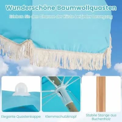 Slnečník Boho, sklopný o 30° na oboch stranách, 170 cm, záhradný slnečník s volánikmi, balkónový slnečník, modrý