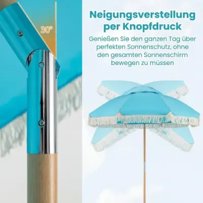 Slnečník Boho, sklopný o 30° na oboch stranách, 170 cm, záhradný slnečník s volánikmi, balkónový slnečník, modrý