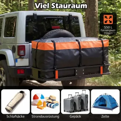 Heckbox ťažné zariadenie 566L, PVC, vodotesná, skladateľná, s vystuženými popruhmi, taška na batožinu do auta, oranžová + čierna