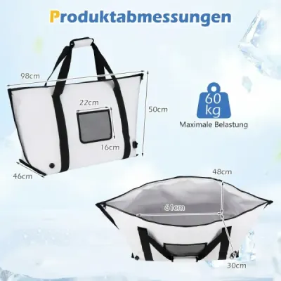 98 cm izolovaná taška na ryby z PVC, vodotesná, odolná proti vytečeniu, chladivá, s 24-hodinovým vypúšťacím ventilom, na rybolov, biela
