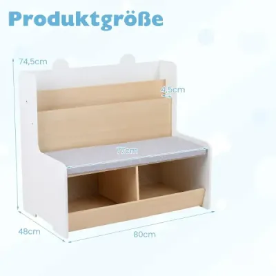 Detská drevená polička 3 v 1 s lavicou, vankúšmi a priehradkami, 80 x 48 x 74,5 cm, biela + prírodná farba