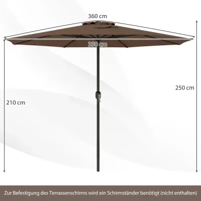 360 cm záhradný slnečník s kľukou, 8 výstuh, s ventiláciou, na ochranu pred slnkom, do záhrady, na kávu