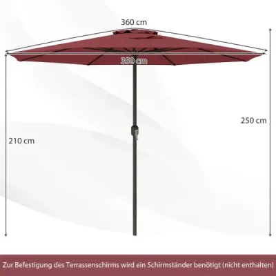 360 cm záhradný slnečník s kľukou, 8 výstuh, s ventiláciou, na ochranu pred slnkom, červený