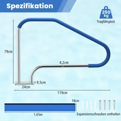 Nerezové madlo do bazéna v tvare U, nosnosť 250 kg, kryt madla, pomôcka na vstup, strieborná a modrá