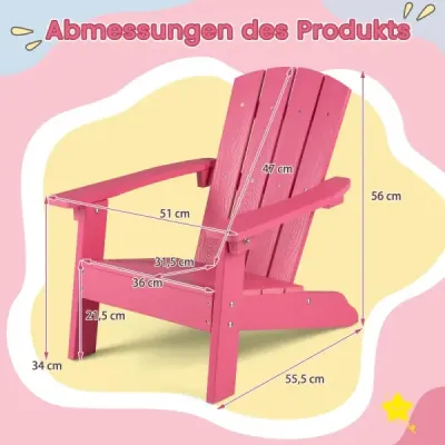 Detská stolička Adirondack z HIPS plastu, 105°, ergonomická, nosnosť do 75 kg, vek 3–8 rokov, ružová