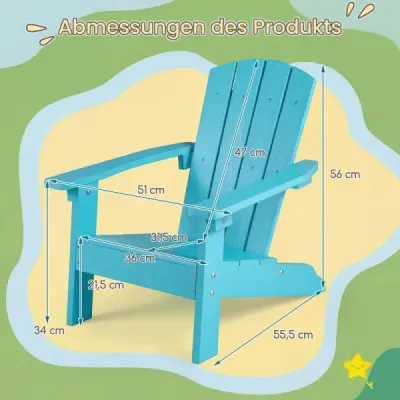 Detská stolička Adirondack z HIPS plastu, 105° ergonomická, nosnosť do 75 kg, vek 3–8 rokov, do záhrady a na balkón, tyrkysová