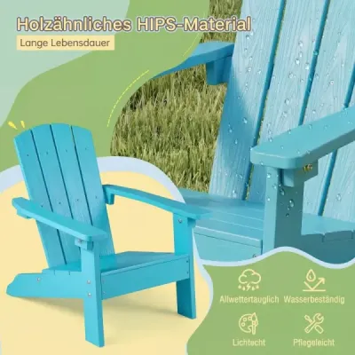 Detská stolička Adirondack z HIPS plastu, 105° ergonomická, nosnosť do 75 kg, vek 3–8 rokov, do záhrady a na balkón, tyrkysová