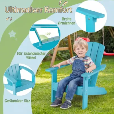 Detská stolička Adirondack z HIPS plastu, 105° ergonomická, nosnosť do 75 kg, vek 3–8 rokov, do záhrady a na balkón, tyrkysová
