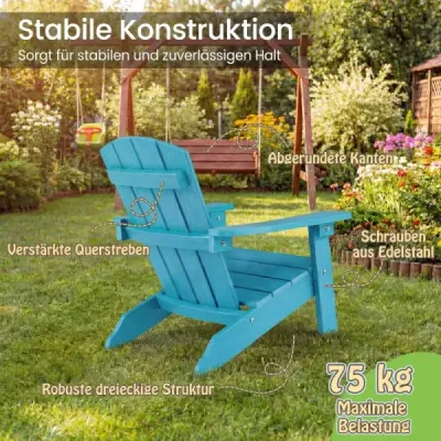 Detská stolička Adirondack z HIPS plastu, 105° ergonomická, nosnosť do 75 kg, vek 3–8 rokov, do záhrady a na balkón, tyrkysová