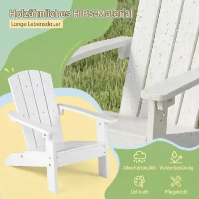 Detská stolička Adirondack z HIPS plastu, 105° ergonomická, nosnosť do 75 kg, vek 3–8 rokov, do záhrady a na balkón, biela