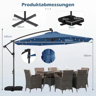 300 cm slnečník so solárnym LED osvetlením, otočný o 360°, s kľukou a krížovou základňou, do záhrady a na terasu, tmavomodrý