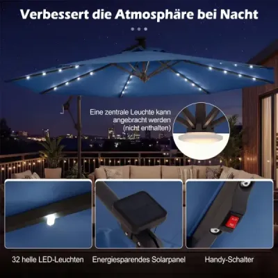 300 cm slnečník so solárnym LED osvetlením, otočný o 360°, s kľukou a krížovou základňou, do záhrady a na terasu, tmavomodrý