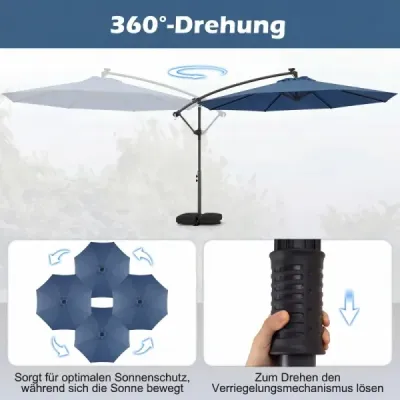 300 cm slnečník so solárnym LED osvetlením, otočný o 360°, s kľukou a krížovou základňou, do záhrady a na terasu, tmavomodrý