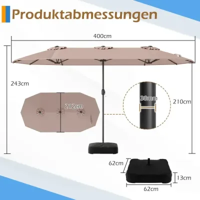 Dvojitý slnečník 400 x 212 cm, obdĺžnikový, s kľukou, stojan na slnečník, balkón, terasa, svetlohnedý