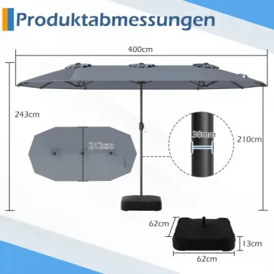Dvojitý slnečník 400 x 212 cm, obdĺžnikový, s kľukou, stojan na slnečník, balkón, terasa, sivý