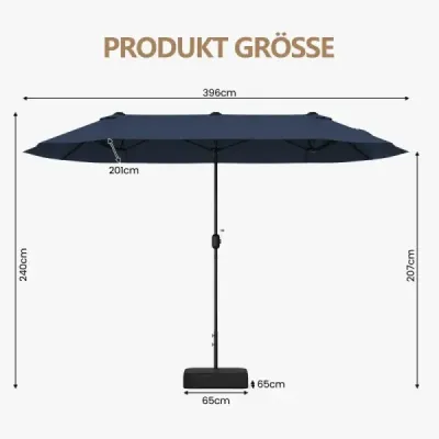 Dvojitý slnečník 400 x 212 cm, obdĺžnikový, s kľukou, stojan na slnečník, balkón, terasa, tmavomodrý