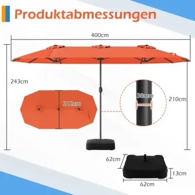 Dvojitý slnečník 400 x 212 cm, obdĺžnikový, s kľukou, stojan na slnečník, balkón, terasa, oranžový