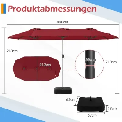 Dvojitý slnečník 400 x 212 cm, obdĺžnikový, s kľukou, stojan na slnečník, balkón, terasa, vínovočervený