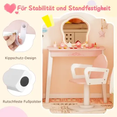 Detský toaletný stolík, otočná stolička, kadernícky vozík, zrkadlo, osvetlenie, príslušenstvo, 3–7 rokov, ružová + biela