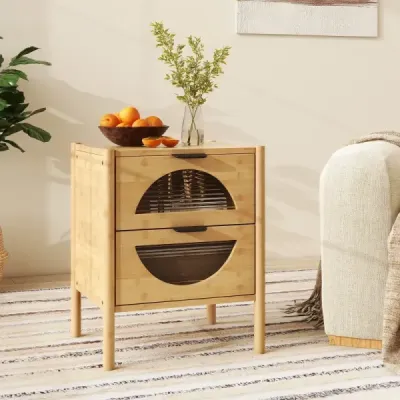 Sada 2 ks bambusových nočných stolíkov s 2 zásuvkami Moderný odkladací stolík Robustný nočný stolík