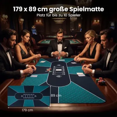 179 x 89 cm pokerová podložka na stôl Texas Hold'em, vodoodpudivá, protišmyková, pre 10 hráčov, Party Casino, čierna a zelená