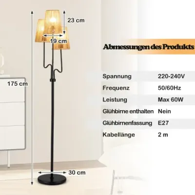 175 cm stojaca lampa, trojramenná stojaca lampa s kovovou základňou a tienidlom z papierového pletenca, lampa na čítanie