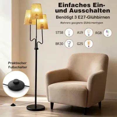 175 cm stojaca lampa, trojramenná stojaca lampa s kovovou základňou a tienidlom z papierového pletenca, lampa na čítanie