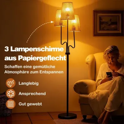 175 cm stojaca lampa, trojramenná stojaca lampa s kovovou základňou a tienidlom z papierového pletenca, lampa na čítanie